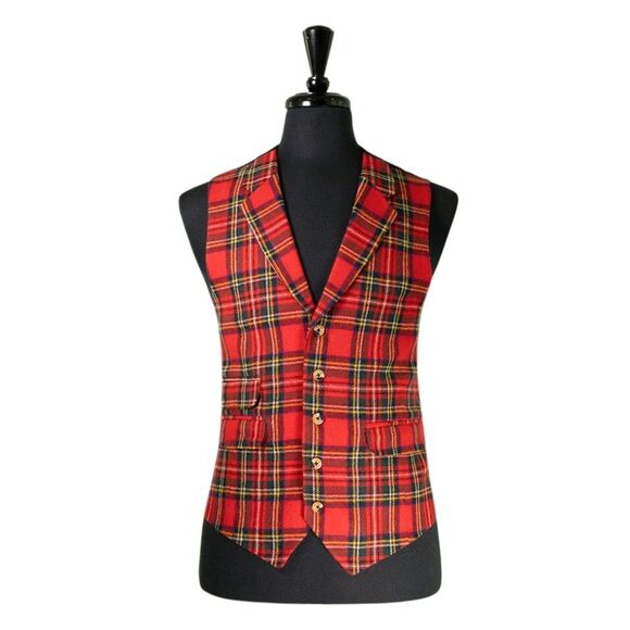 Mens 42R Vest Red Green Lambswool Tartan Plaid Waistcoat Formal Wedding Party - Picture 1 of 10